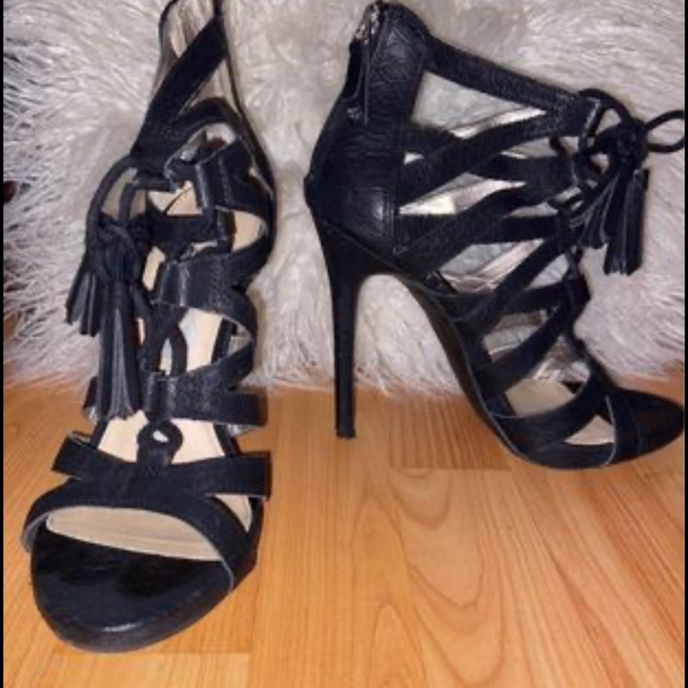 Black strapped tassel high heel 7.5